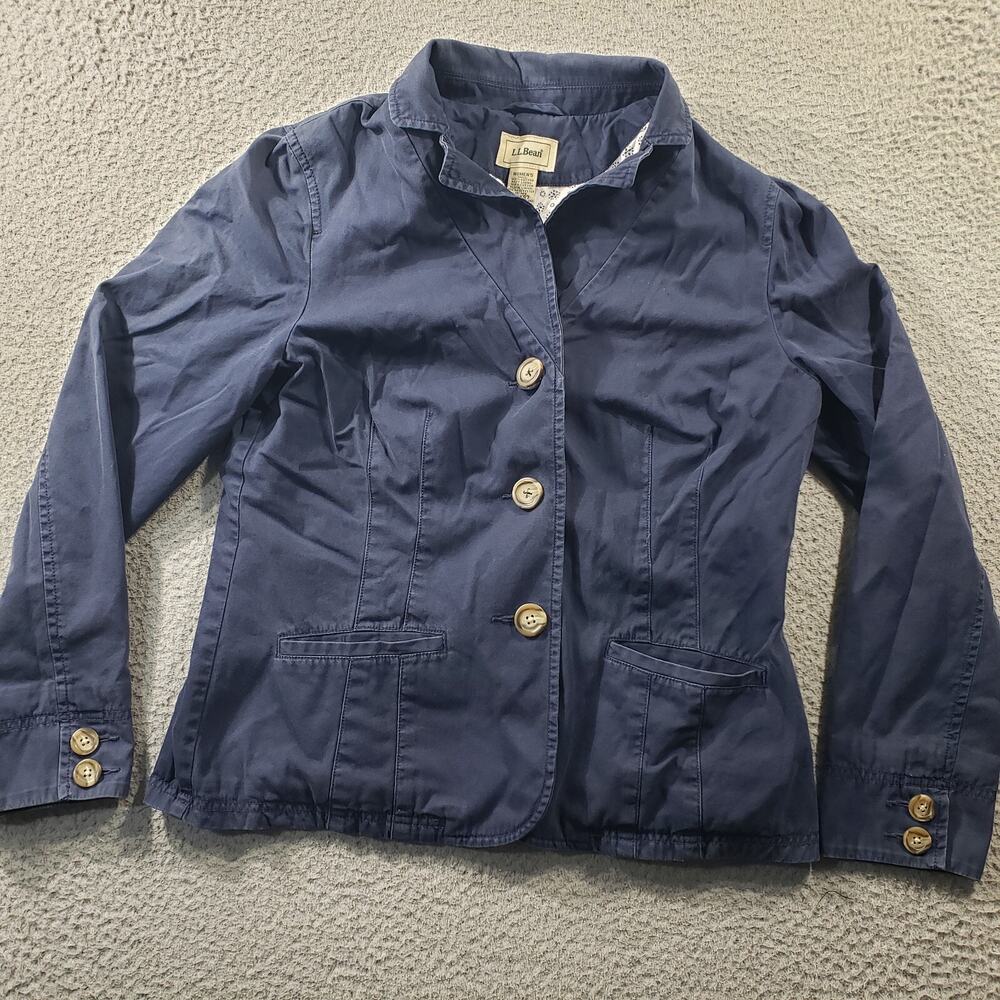 LL Bean Jacket Women's 16 Blue 3 Button Up Cotton Blazer Long Sleeve Casual